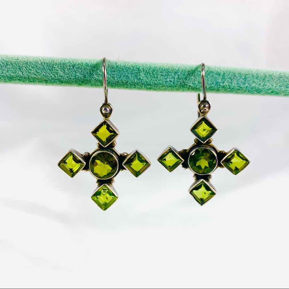 Green bezel cross dangle sterling earrings